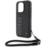 BMW Signature læder Wordmark Cord Case til iPhone 15 Pro Max - sort