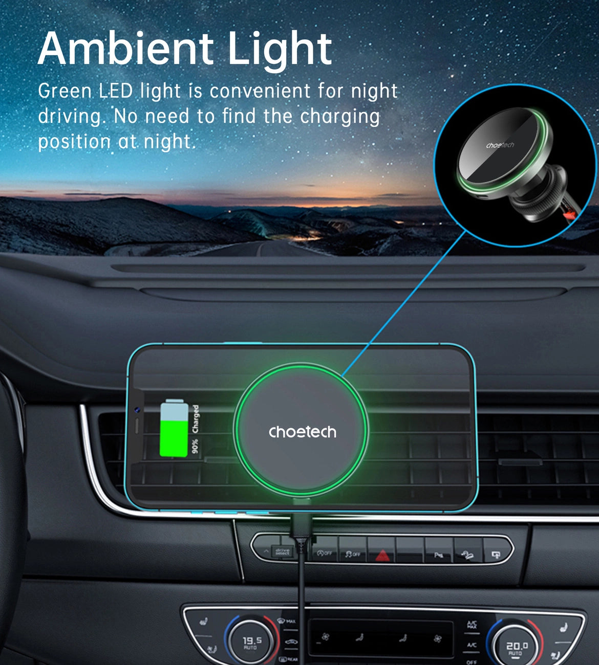 Choetech T204-F magnetisk bilholder med 15W trådløs opladning - sort