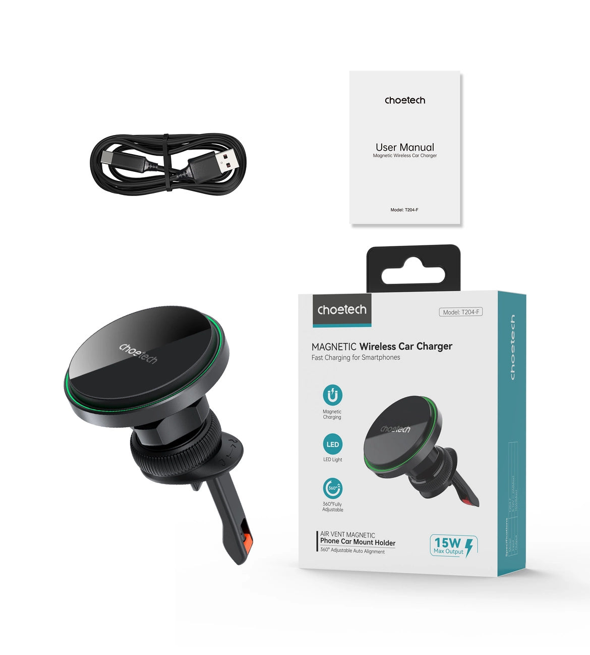 Choetech T204-F magnetisk bilholder med 15W trådløs opladning - sort
