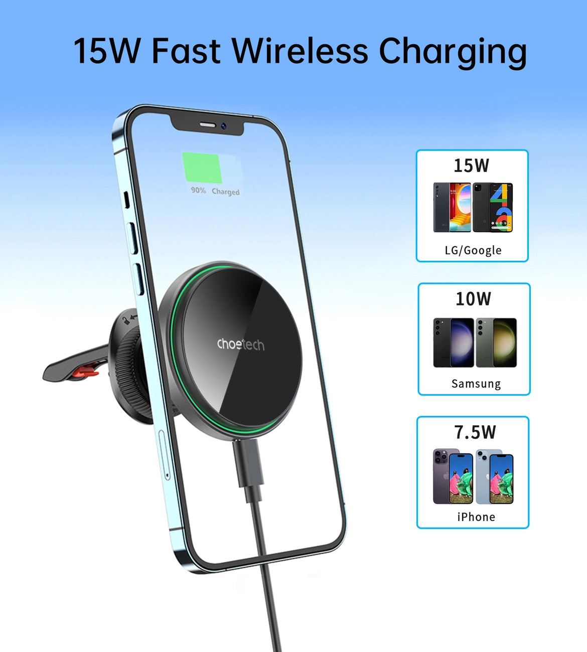 Choetech T204-F magnetisk bilholder med 15W trådløs opladning - sort