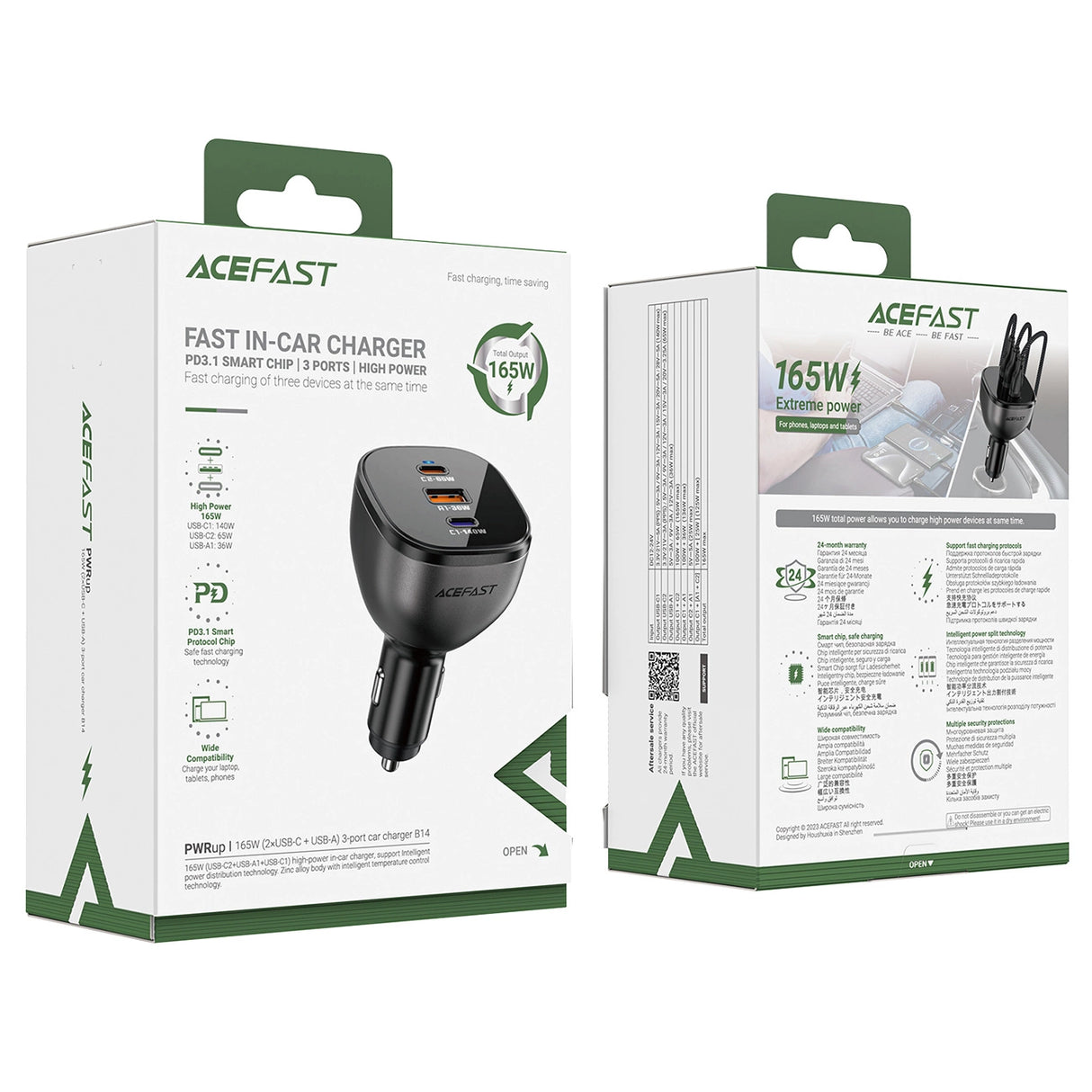 Acefast B14 biloplader 165W 2x USB-C 1x USB-A - sort
