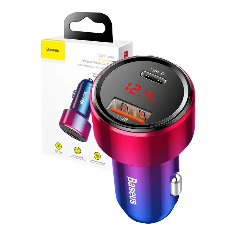 Baseus Magic USB + USB-C QC 4.0 PD 45W biloplader (rød-blå).