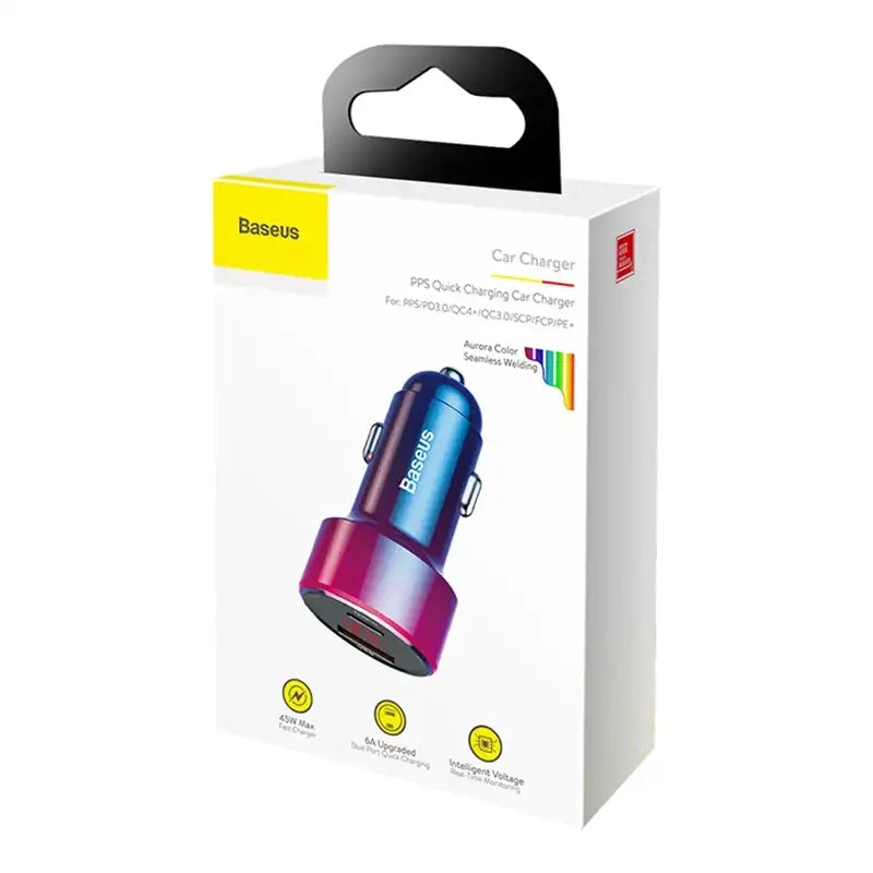 Baseus Magic USB + USB-C QC 4.0 PD 45W biloplader (rød-blå).