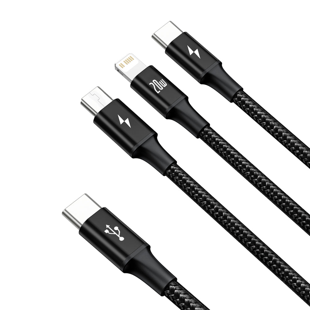 Baseus Rapid Series 3in1 USB-C - USB-C / Lightning / micro USB kabel 20W PD 1.5m - sort