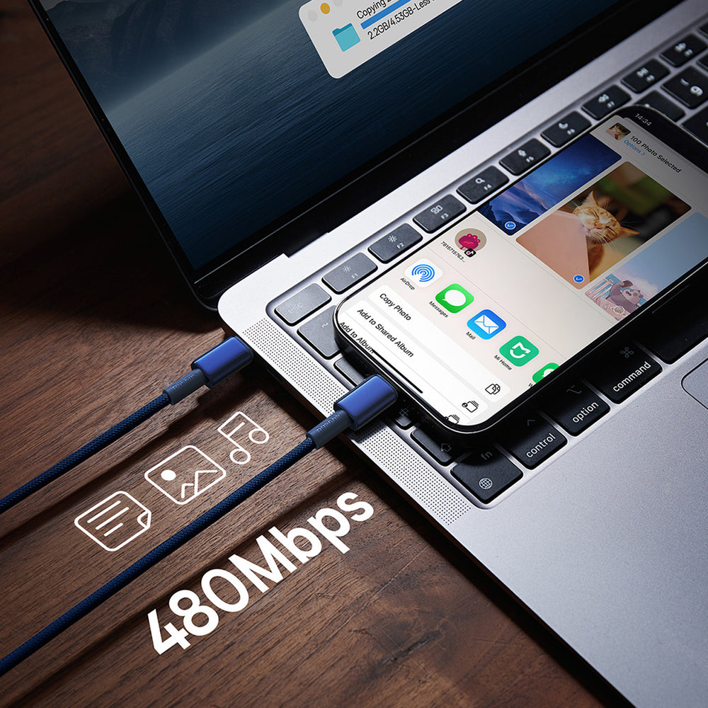 Baseus Tungsten Gold USB-C / USB-C kabel 100W 1m - marineblå