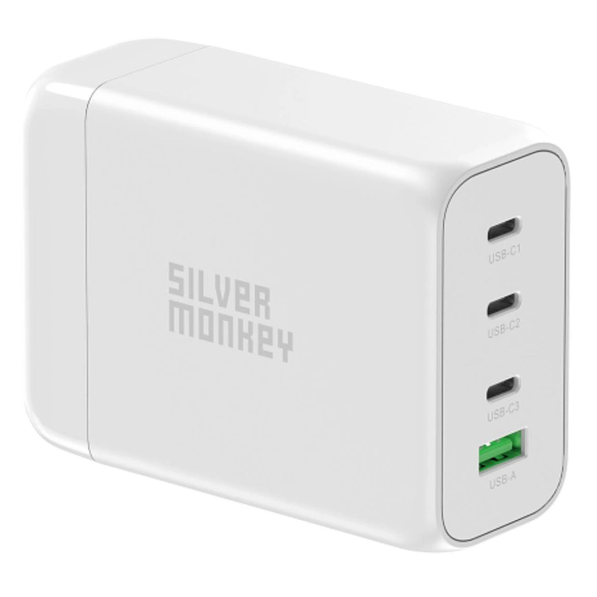 Silver Monkey SMA152 130W GaN oplader 3xUSB-C PD USB-A QC 3.0 med aftageligt strømkabel - hvid