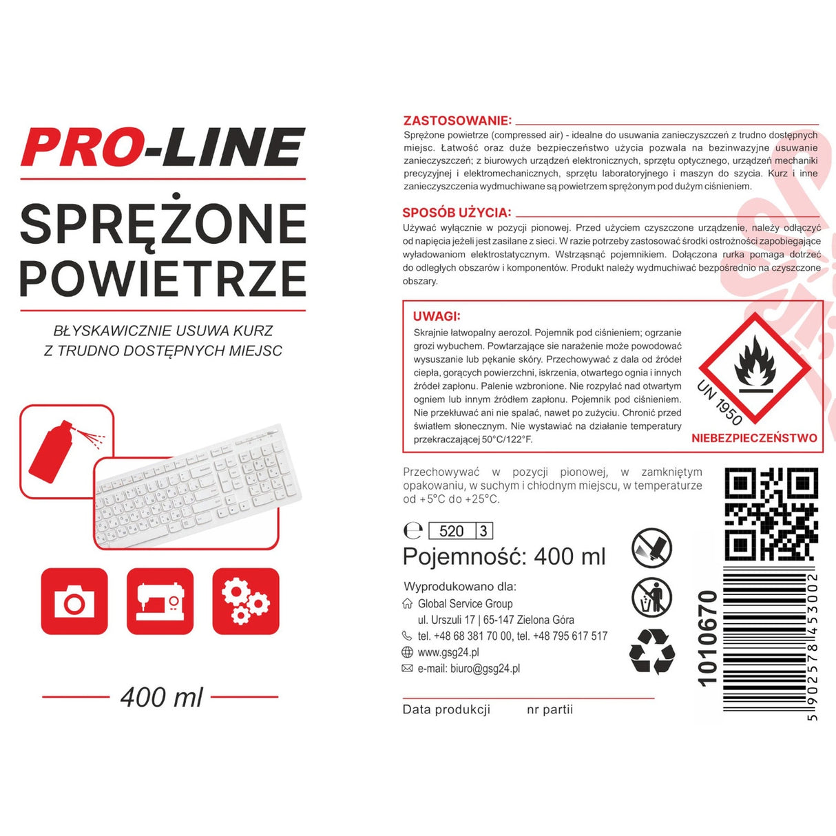 Komprimeret luft til rengøring af elektronik i symaskiner PRO-LINE spray 400ml