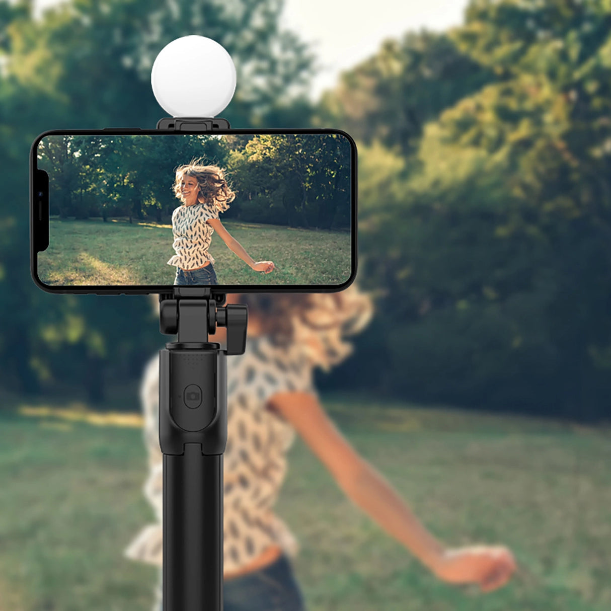 Selfie stick WR1YXS teleskopisk stativ 0,71 m med rund lampe - sort