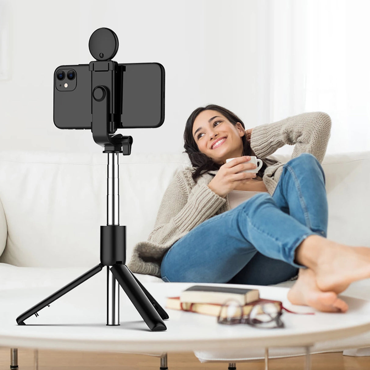 Selfie stick WR1YXS teleskopisk stativ 0,71 m med rund lampe - sort