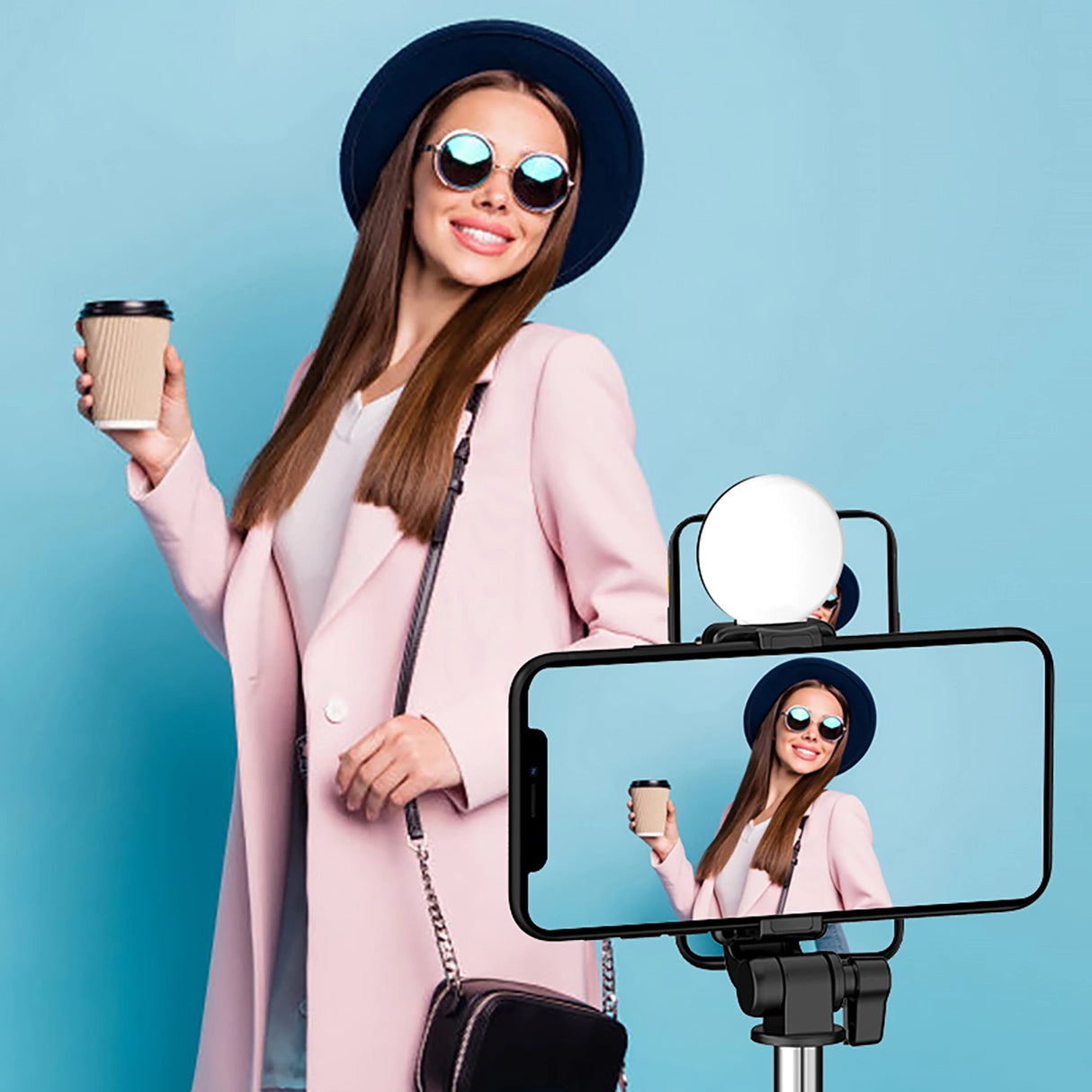 Selfie stick WR1YXS teleskopisk stativ 0,71 m med rund lampe - sort