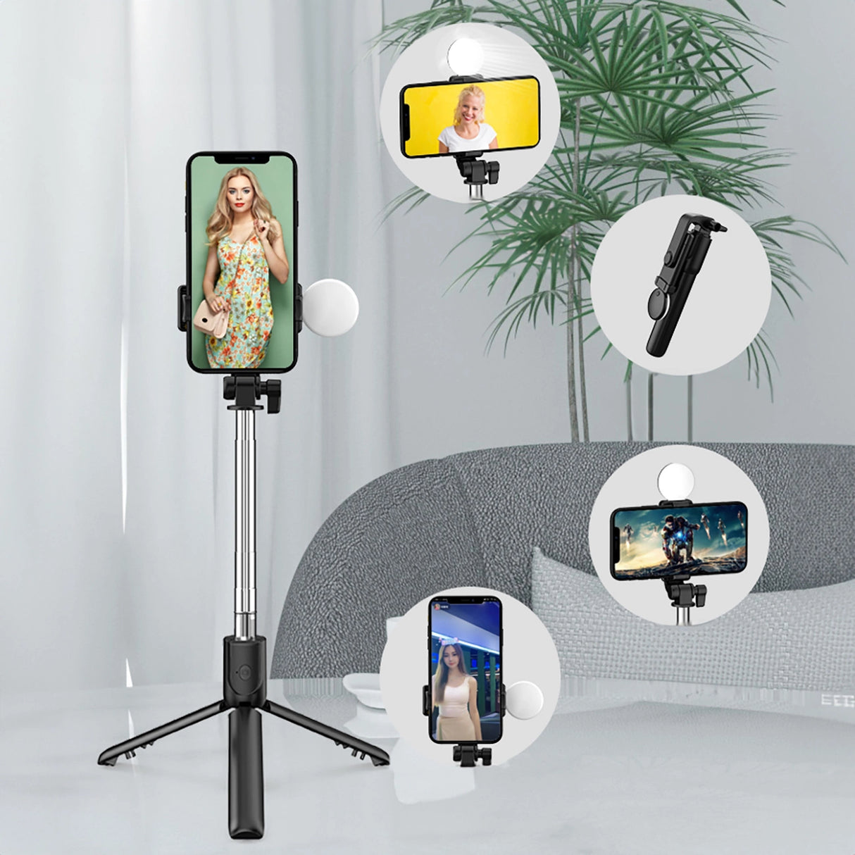 Selfie stick WR1YXS teleskopisk stativ 0,71 m med rund lampe - sort