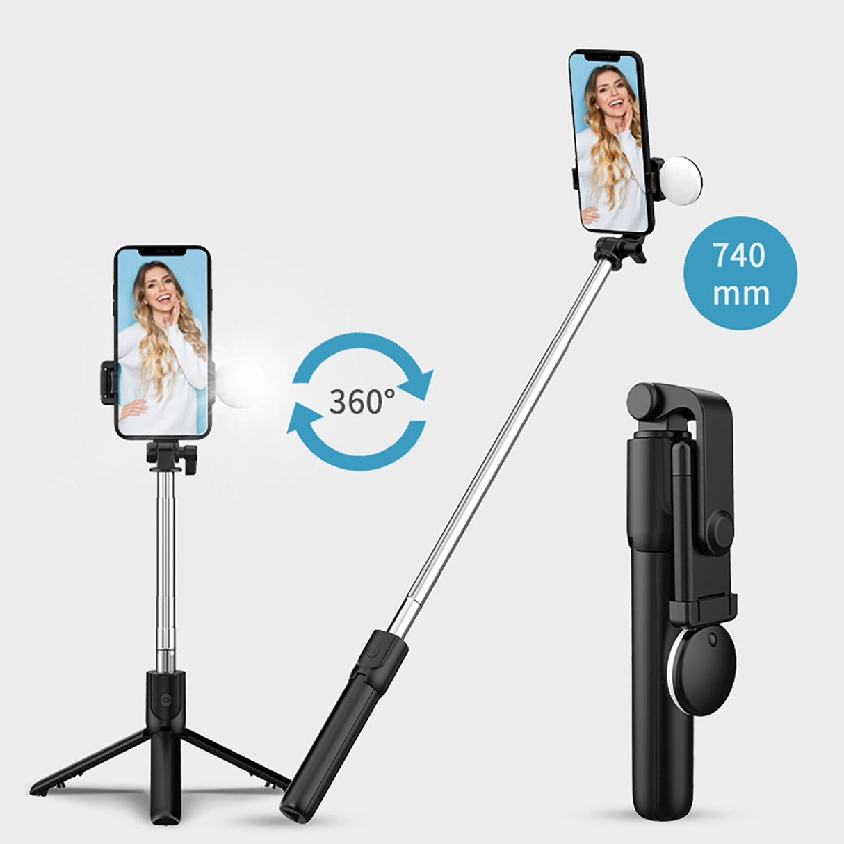 Selfie stick WR1YXS teleskopisk stativ 0,71 m med rund lampe - sort