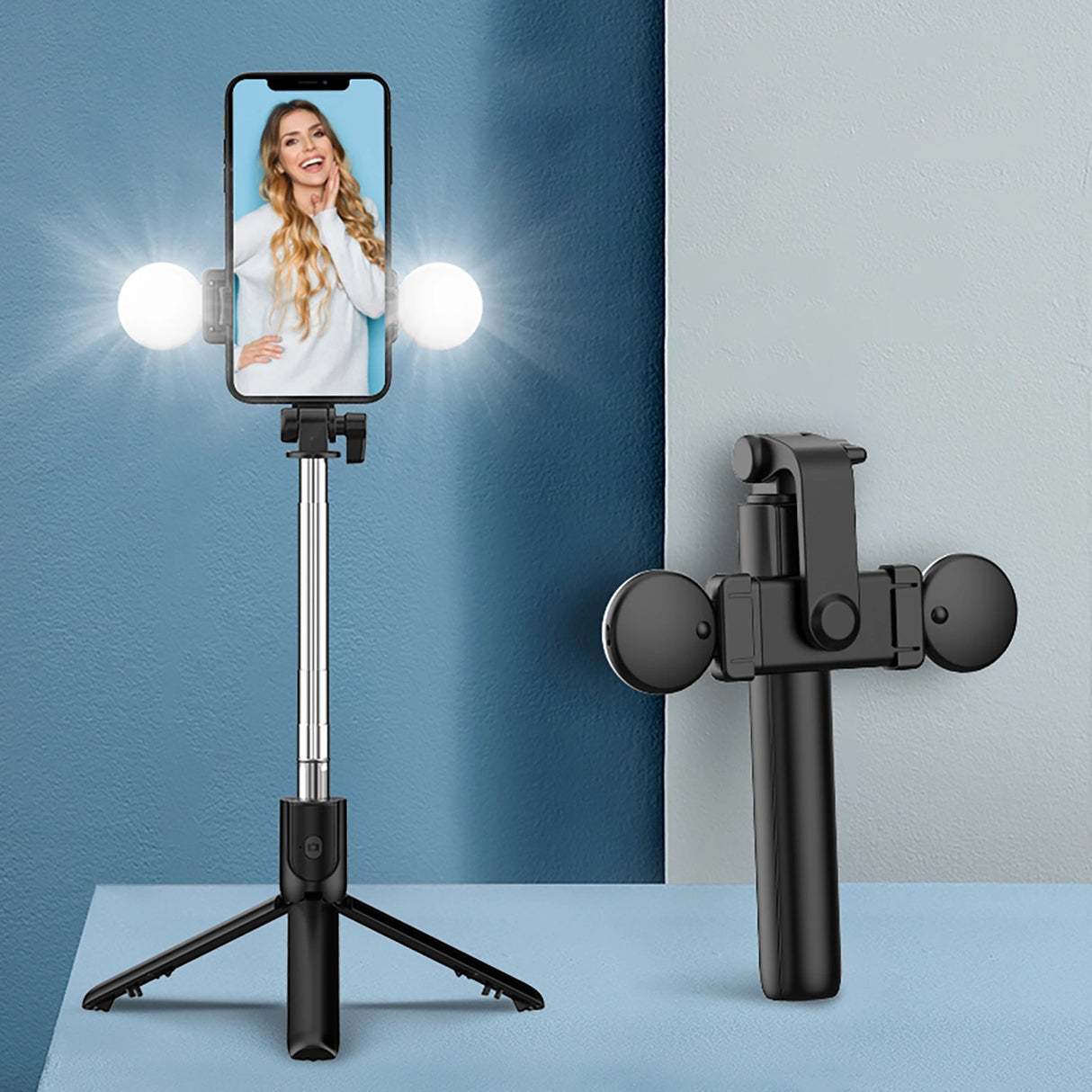 Selfie stick WR1YXS teleskopisk stativ 0,71 m med rund lampe - sort