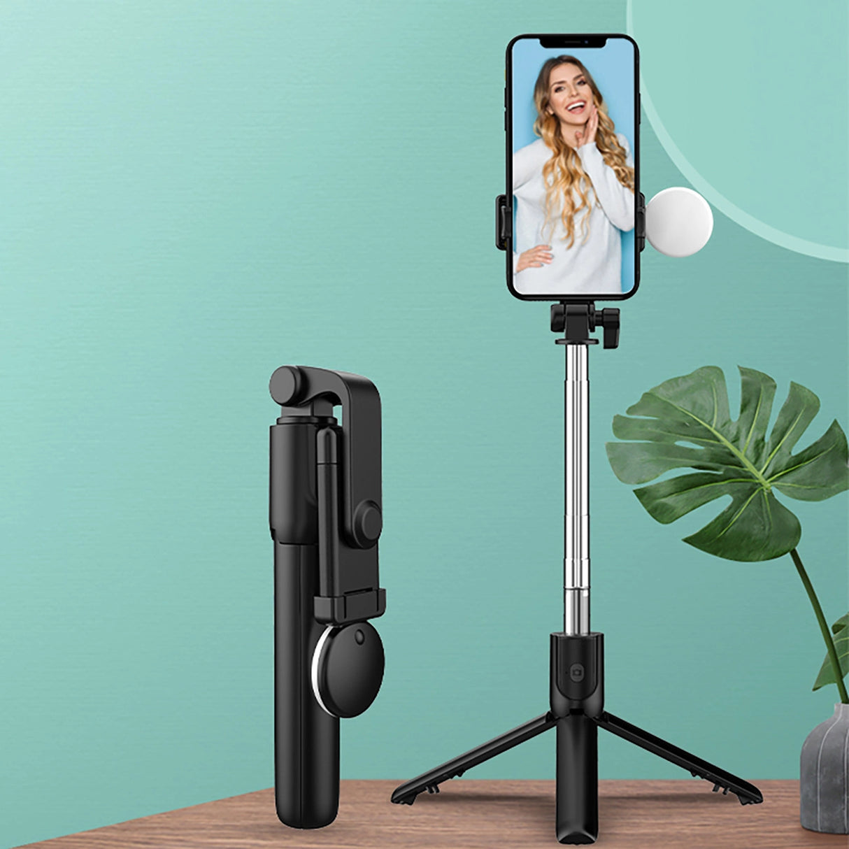 Selfie stick WR1YXS teleskopisk stativ 0,71 m med rund lampe - sort