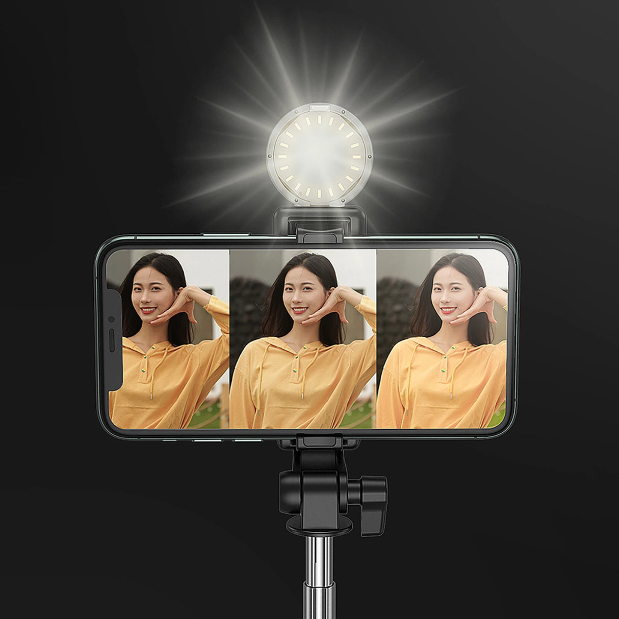 Selfie stick WH1YXS teleskopisk stativ 1m med rund lampe og telefonholder - sort