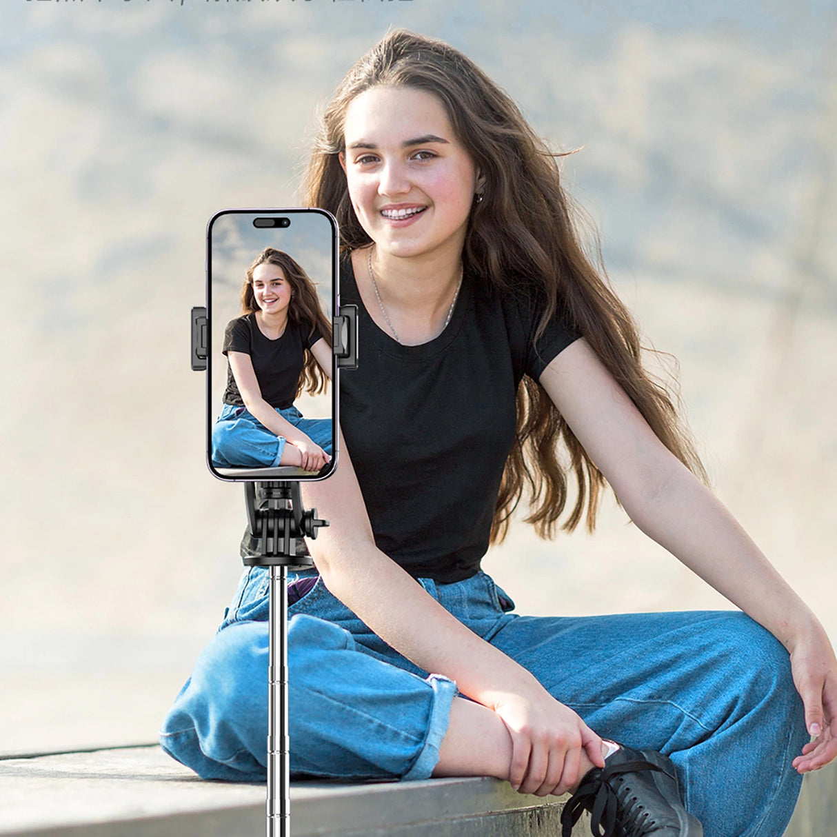 Selfie stick WC1Y3S teleskopisk stativ 1,3 m med telefonholder - sort