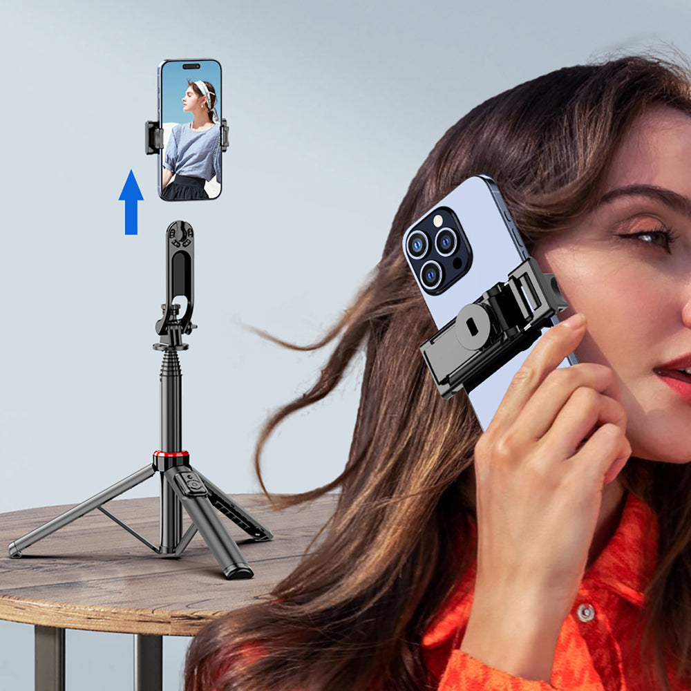 Selfie-stick WC1Y2S 1,3-meters teleskopisk stativ af aluminiumlegering med telefonholder - sort