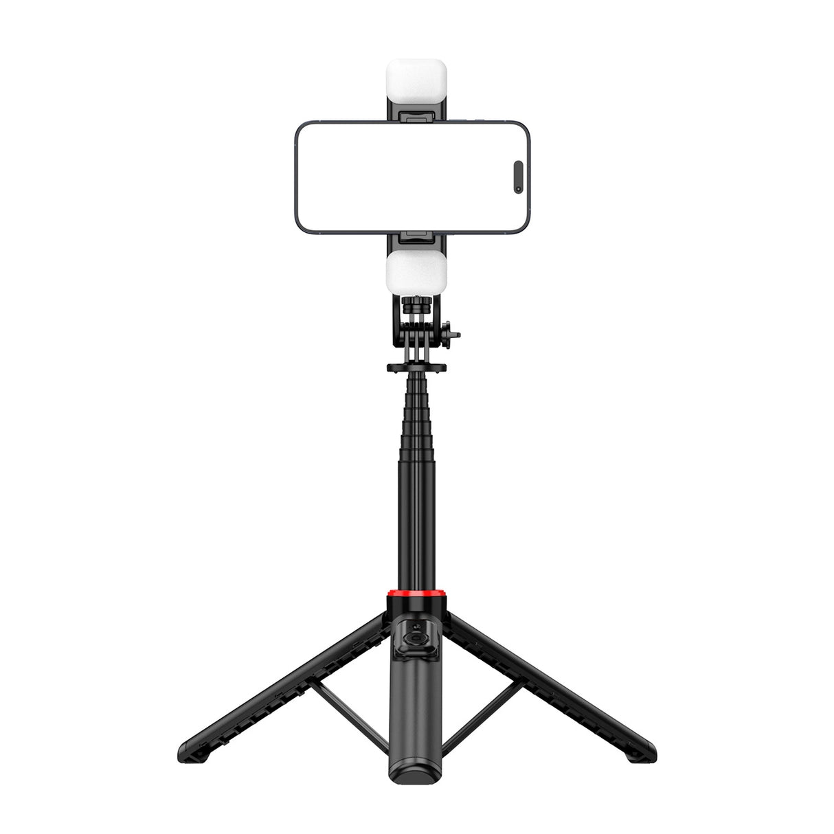 Selfie-stick WC12YDS 1,3-meters teleskopisk stativ af aluminiumlegering med dobbelt lampe og telefonholder - sort