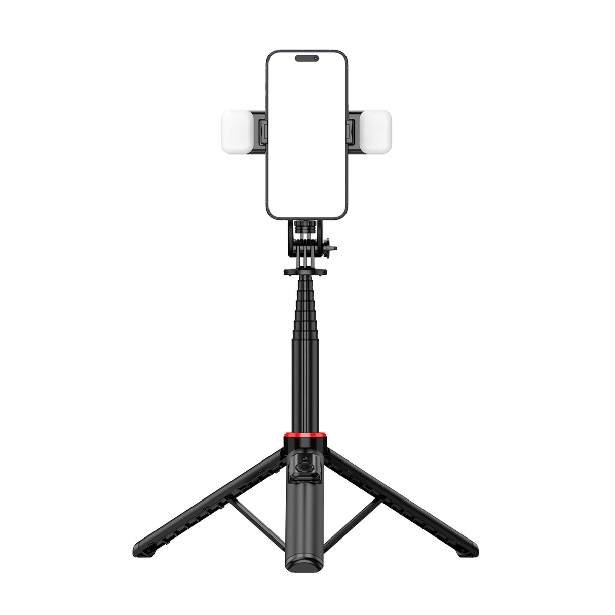 Selfie-stick WC12YDS 1,3-meters teleskopisk stativ af aluminiumlegering med dobbelt lampe og telefonholder - sort