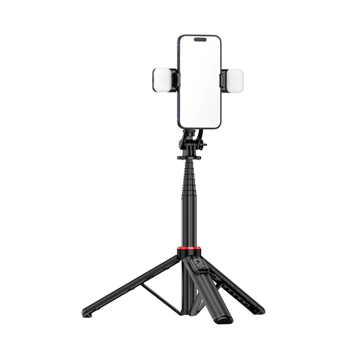 Selfie-stick WC12YDS 1,3-meters teleskopisk stativ af aluminiumlegering med dobbelt lampe og telefonholder - sort