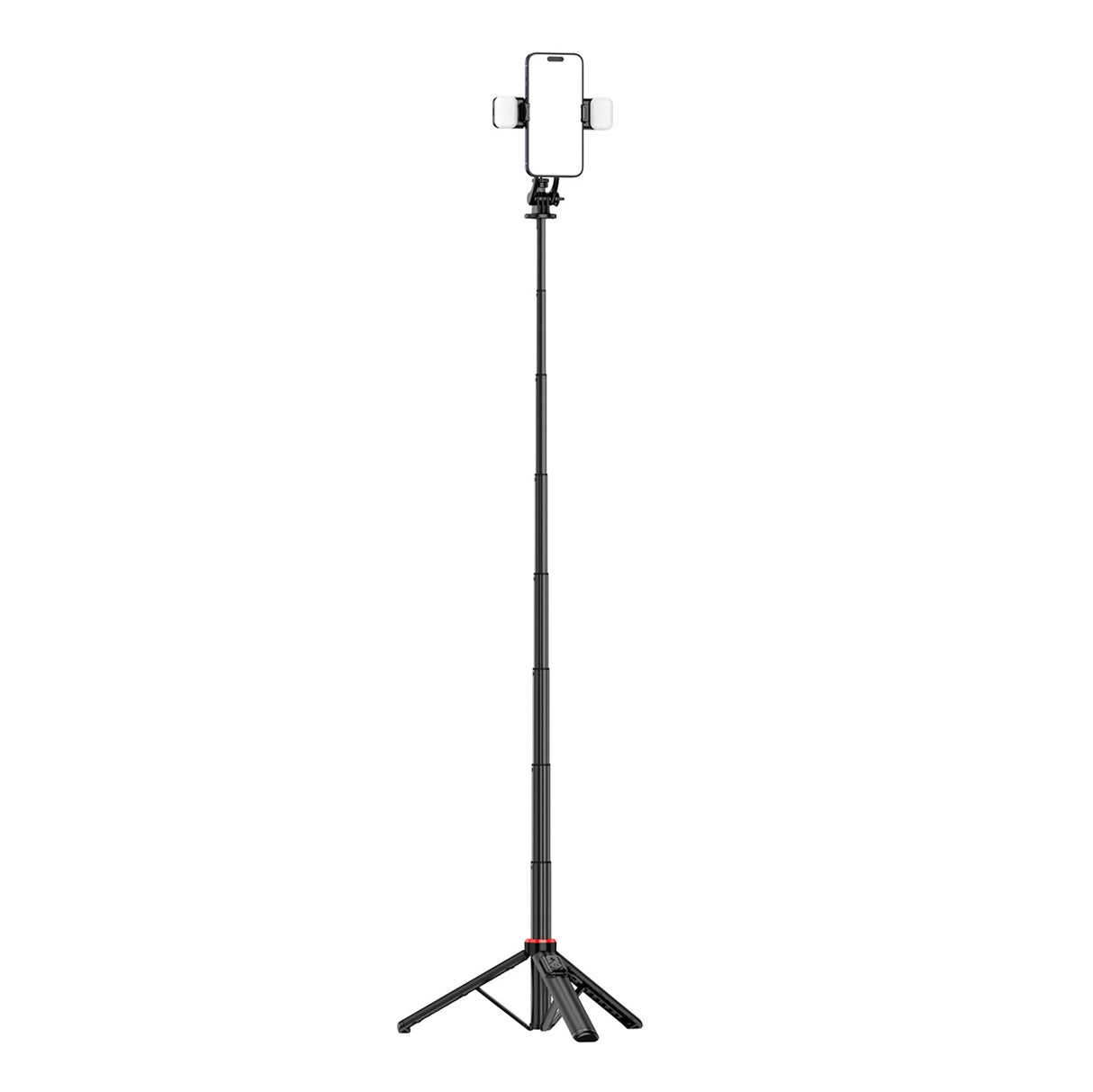 Selfie-stick WC12YDS 1,3-meters teleskopisk stativ af aluminiumlegering med dobbelt lampe og telefonholder - sort