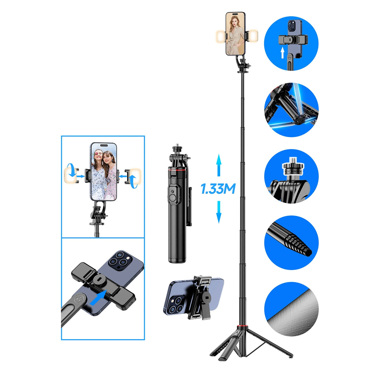 Selfie-stick WC12YDS 1,3-meters teleskopisk stativ af aluminiumlegering med dobbelt lampe og telefonholder - sort