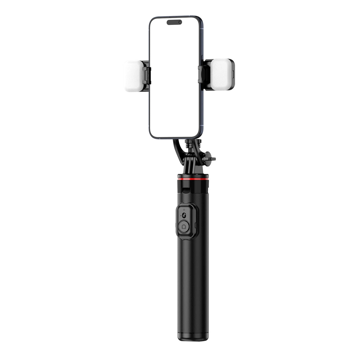 Selfie-stick WC12YDS 1,3-meters teleskopisk stativ af aluminiumlegering med dobbelt lampe og telefonholder - sort