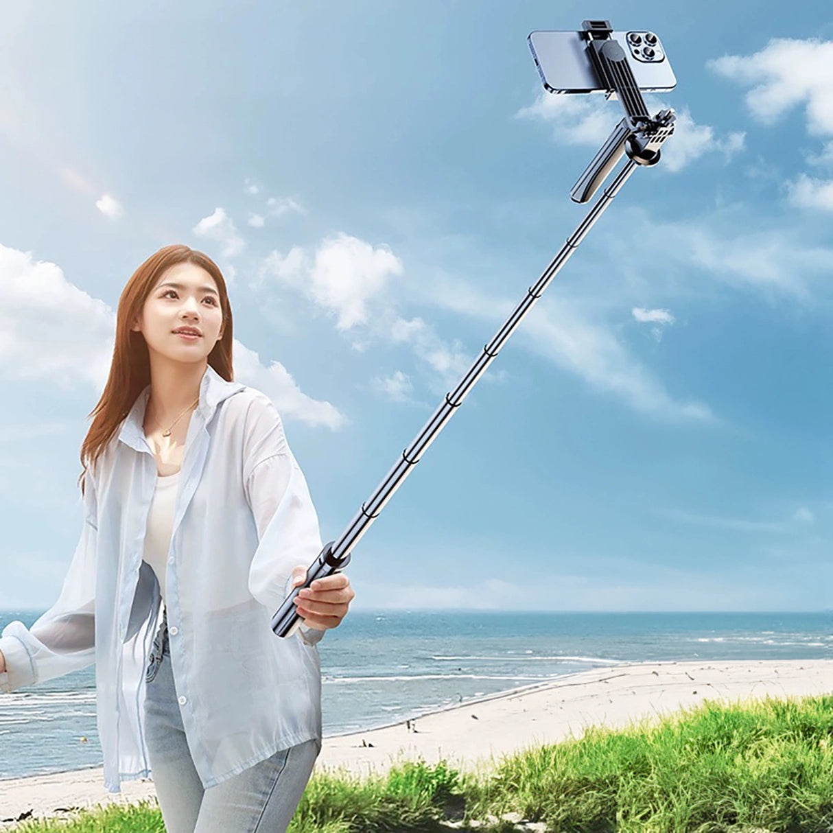 Selfie-stick WH181-Y1S 1,75 m teleskopisk stativ af aluminiumlegering med telefonholder - sort