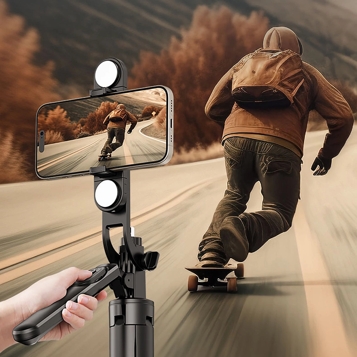 Selfie-stick WH181D-Y1S 1,75 m teleskopisk stativ af aluminiumlegering med dobbelt lampe og telefonholder - sort