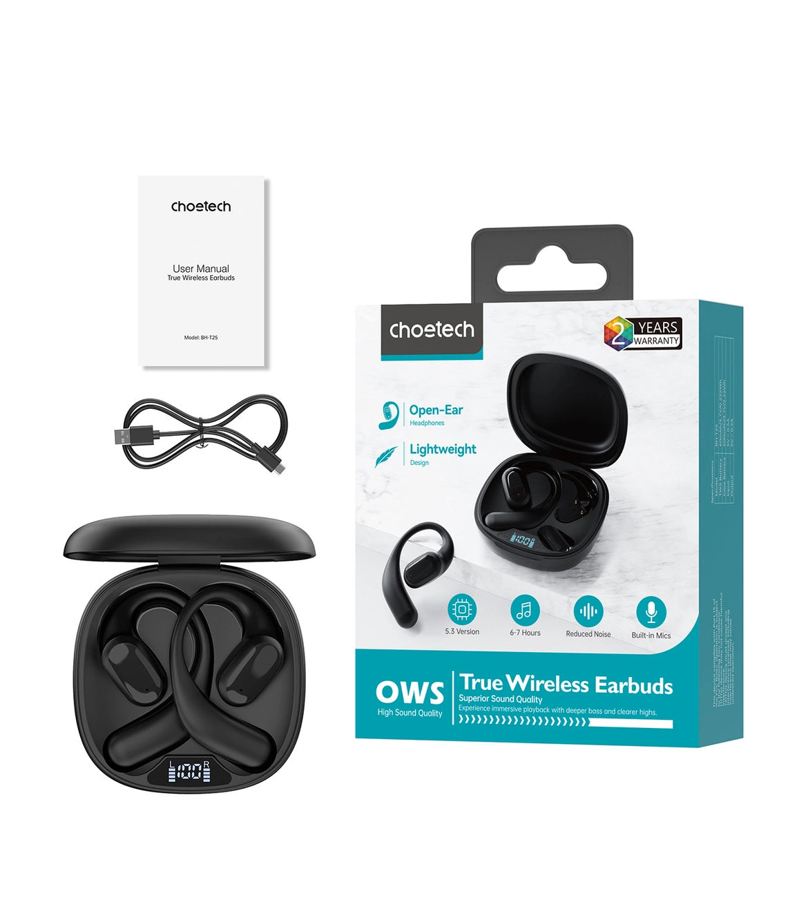 Choetech OWS trådløse TWS Bluetooth 5.3 hovedtelefoner - sort