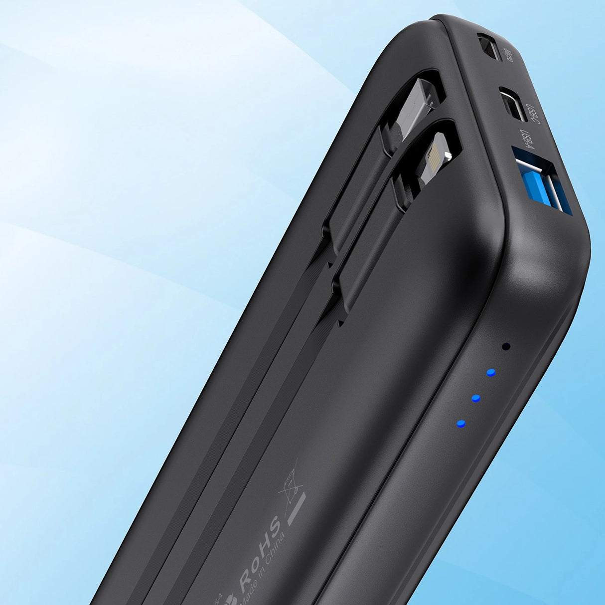 Powerbank Choetech B654 10000mAh 22.5W USB-A / USB-C / micro USB med indbygget USB-C / Lightning kabel - sort