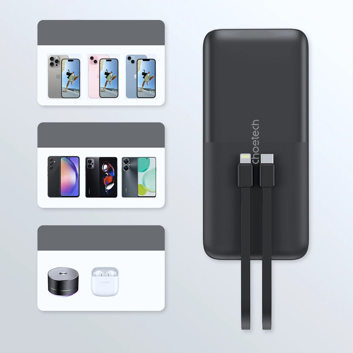 Powerbank Choetech B654 10000mAh 22.5W USB-A / USB-C / micro USB med indbygget USB-C / Lightning kabel - sort