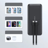 Powerbank Choetech B654 10000mAh 22.5W USB-A / USB-C / micro USB med indbygget USB-C / Lightning kabel - sort