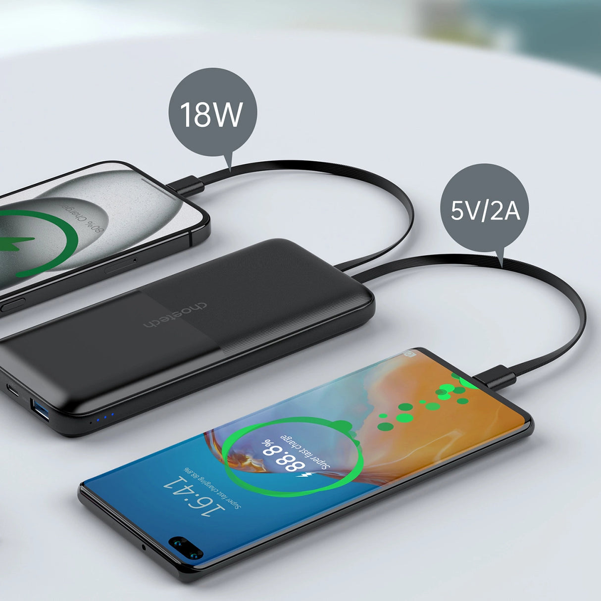 Powerbank Choetech B654 10000mAh 22.5W USB-A / USB-C / micro USB med indbygget USB-C / Lightning kabel - sort