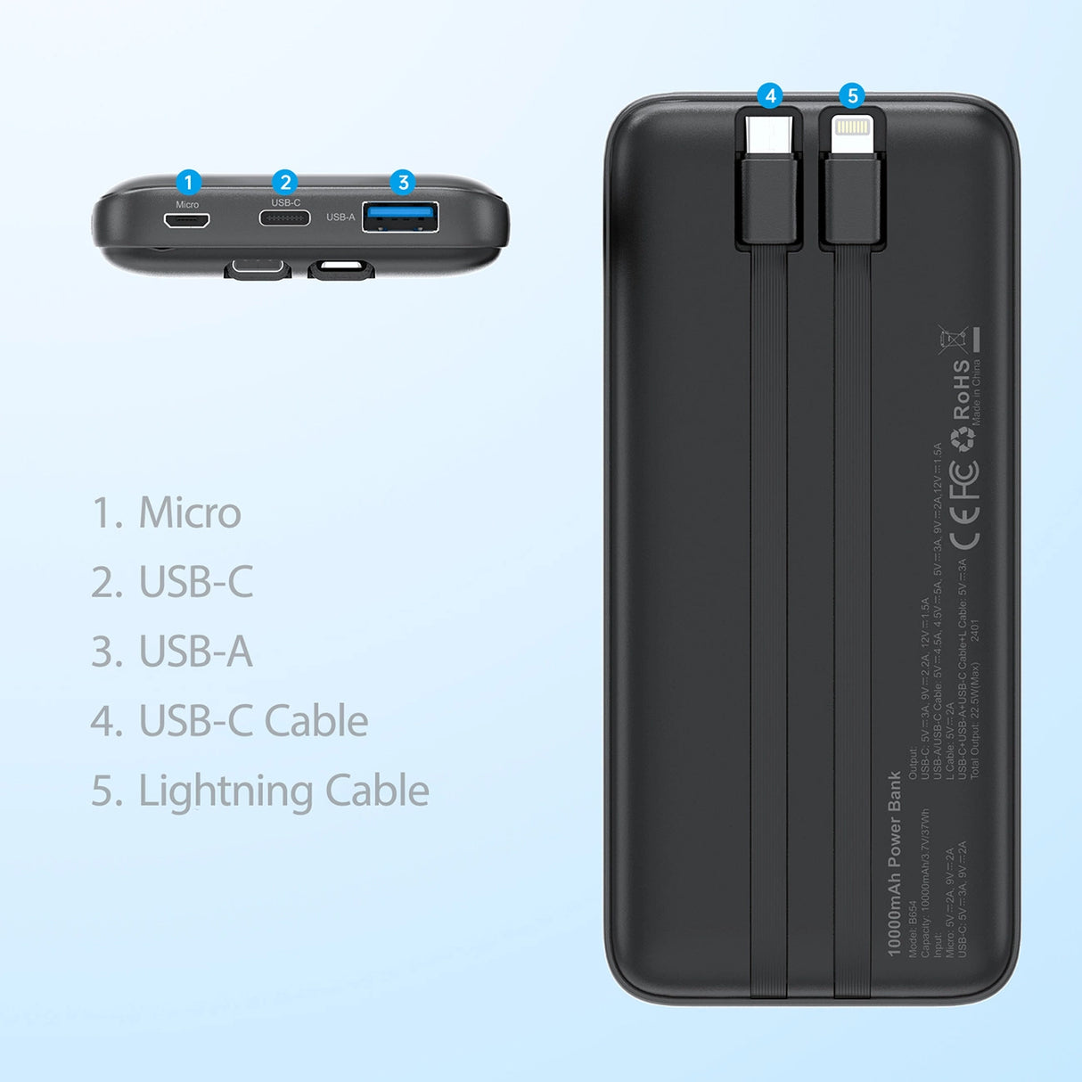 Powerbank Choetech B654 10000mAh 22.5W USB-A / USB-C / micro USB med indbygget USB-C / Lightning kabel - sort