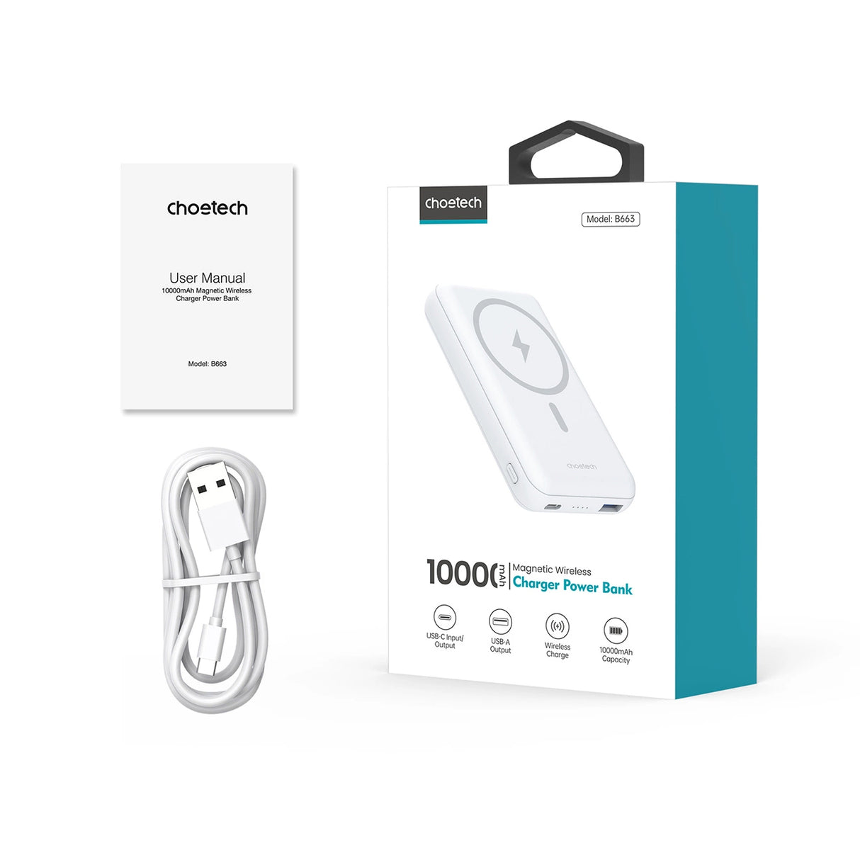 Powerbank Choetech B663 10000mAh 20W MagSafe USB-A / USB-C - hvid