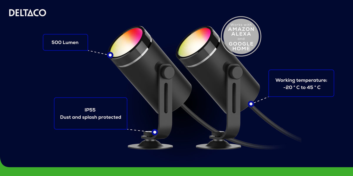 Deltaco SH-GLKEX01, Smart RGB havelys med varmt hvidt lys, sort