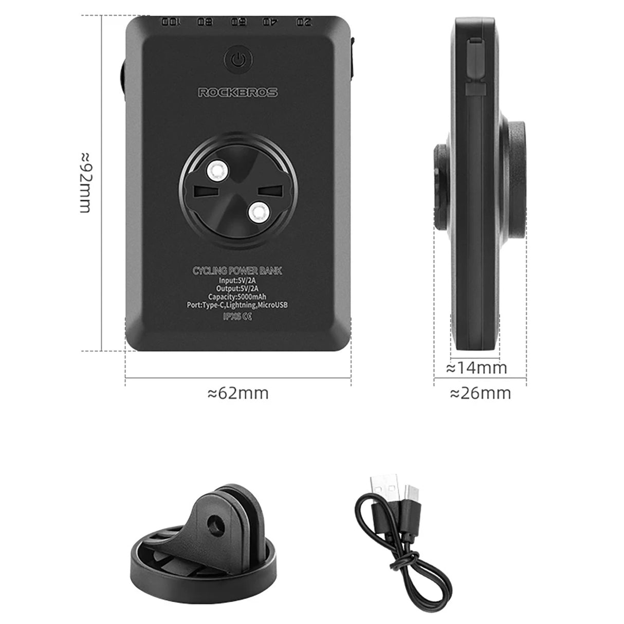 Rockbros JP008 frontcykel lys til tæller med power bank 5000mAh 150lm IPX6 - sort