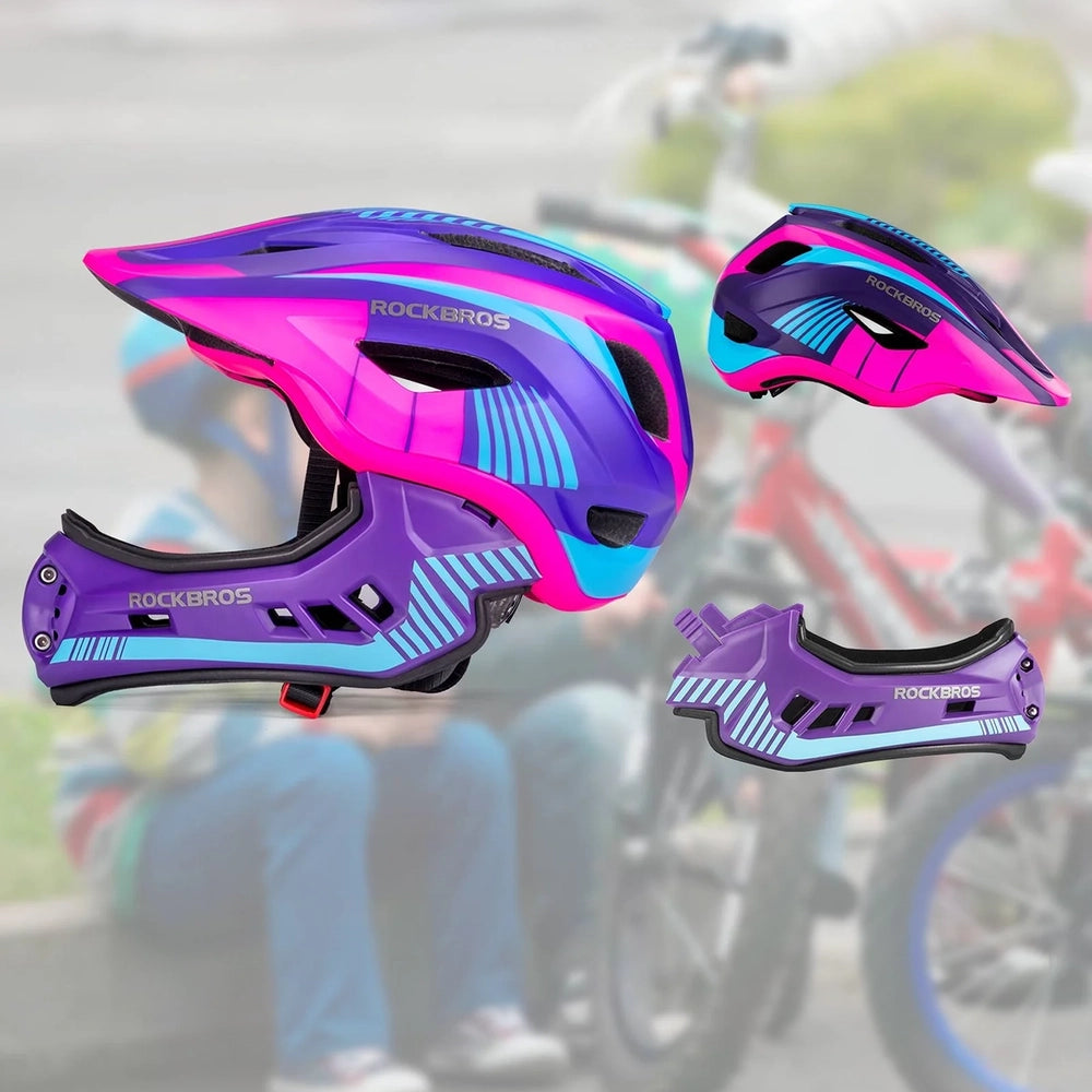 Rockbros TT-32SBPP-S children's bicycle helmet with detachable chinbar, size S - purple-pink