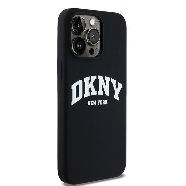 DKNY Liquid Silicone White Printed Logo MagSafe-kasse til iPhone 15 Pro Max - sort