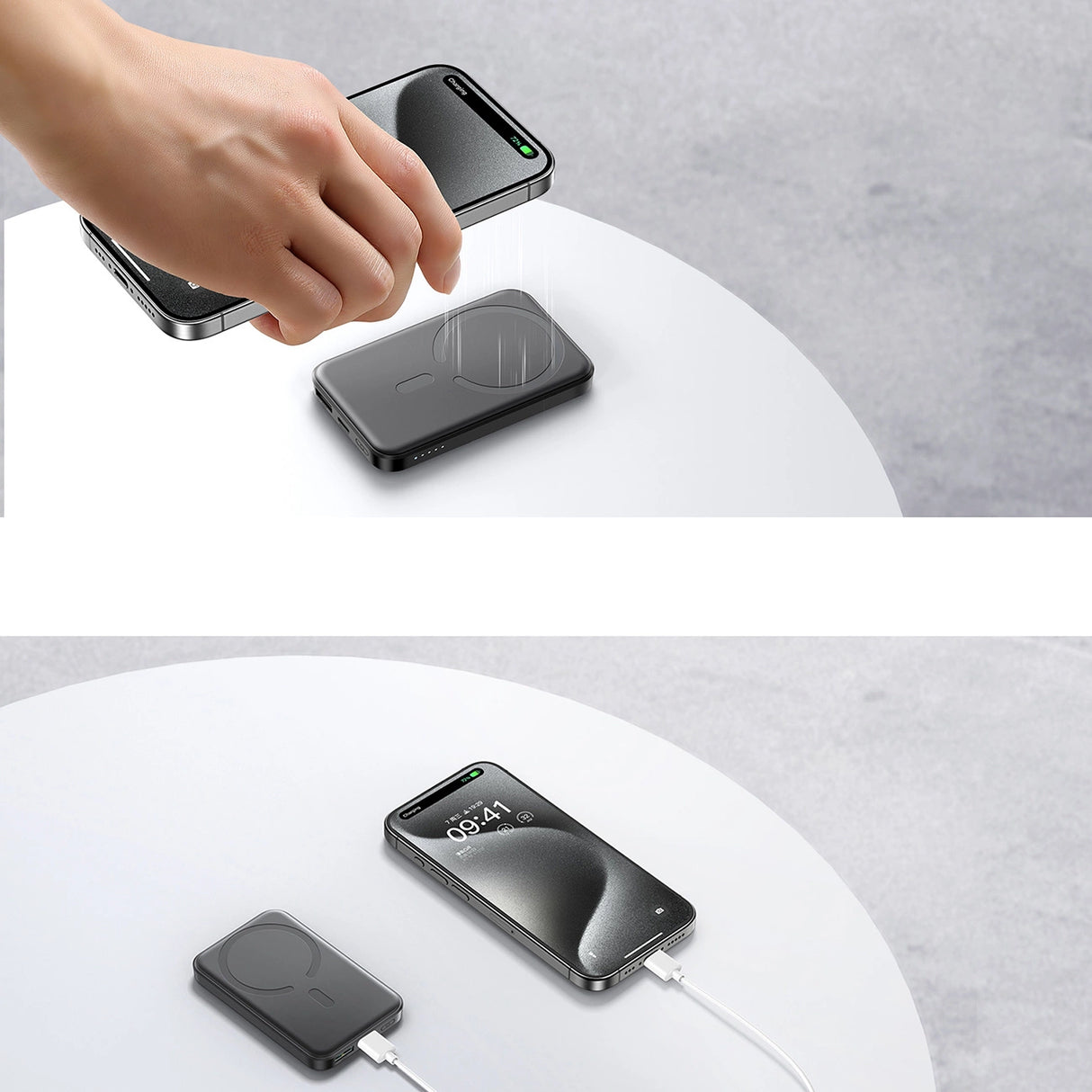 Powerbank Joyroom JR-W020 Mini 5000mAh USB-A USB-C induktiv 20W - sort + USB-C / USB-C kabel