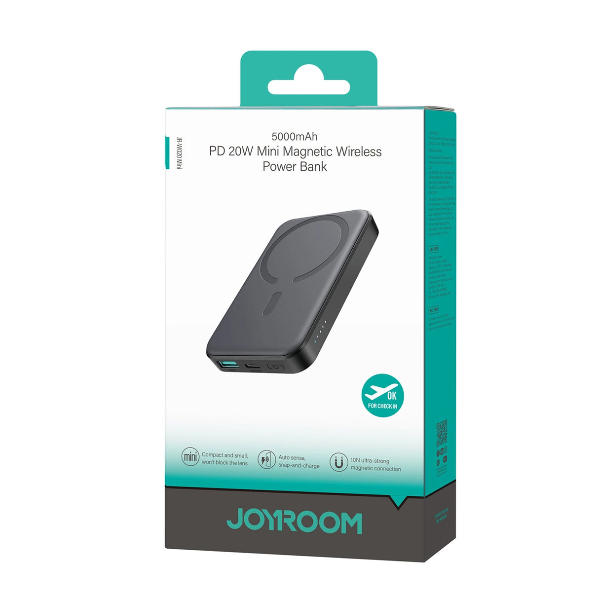 Powerbank Joyroom JR-W020 Mini 5000mAh USB-A USB-C induktiv 20W - sort + USB-C / USB-C kabel