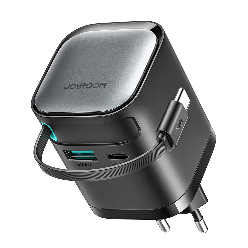 Joyroom JR-TCL02 65W USB-A USB-C GaN oplader med indbygget USB-C kabel - sort