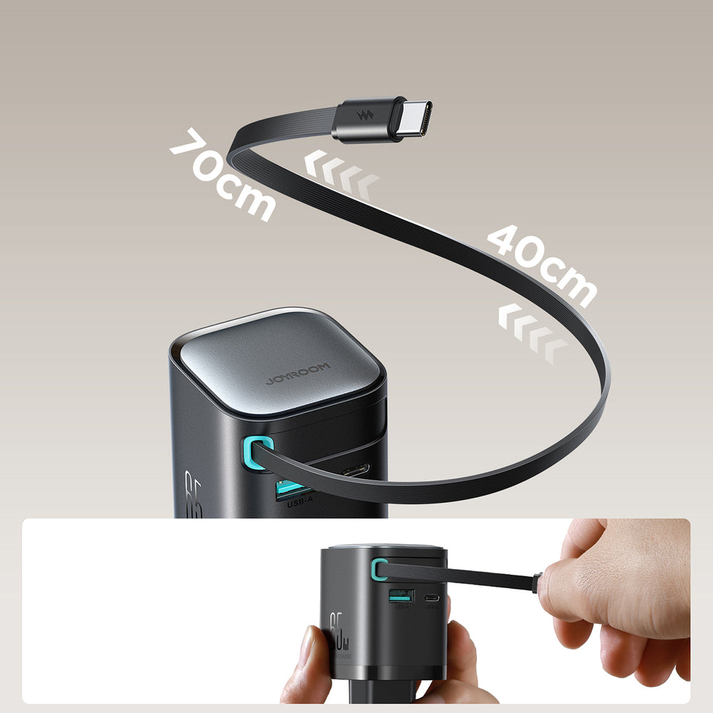Joyroom JR-TCL02 65W USB-A USB-C GaN oplader med indbygget USB-C kabel - sort