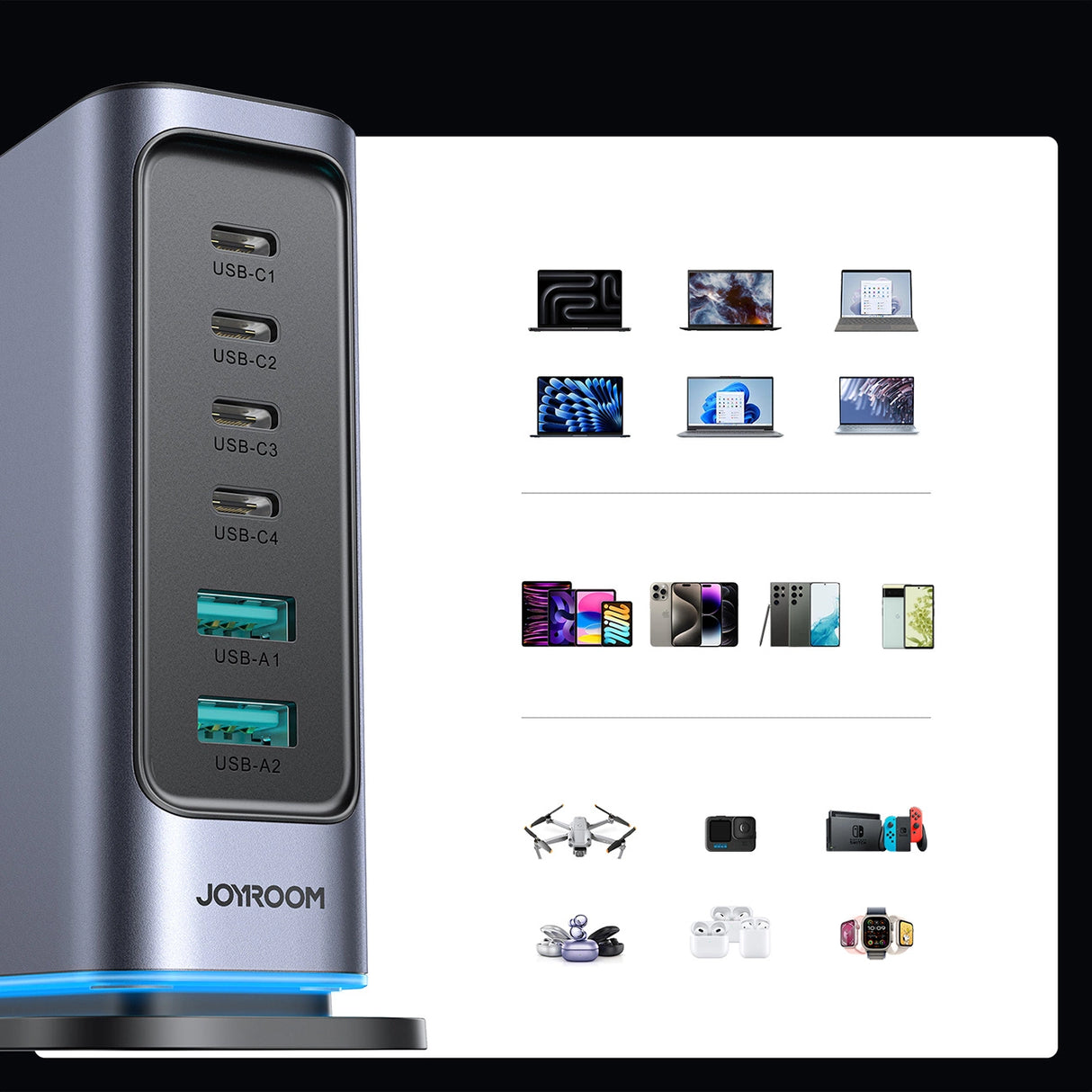 Joyroom JR-TCM02 multi-port GaN oplader 65W EU 4x USB-C 2x USB-A - mørkgrå