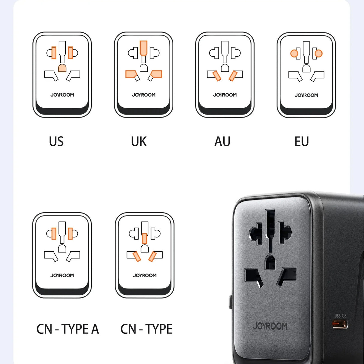Joyroom JR-TCW02 65W Travel Adapter Universal EU / US / JP / AU / UK / CN - sort