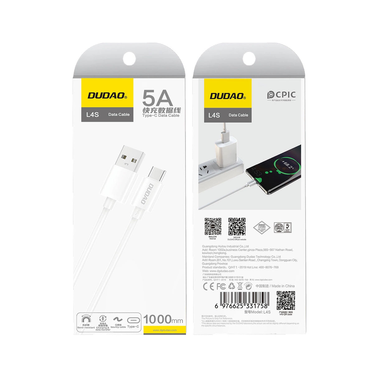 Dudao L4ST USB-A / USB-C kabel 2A 1m - hvid