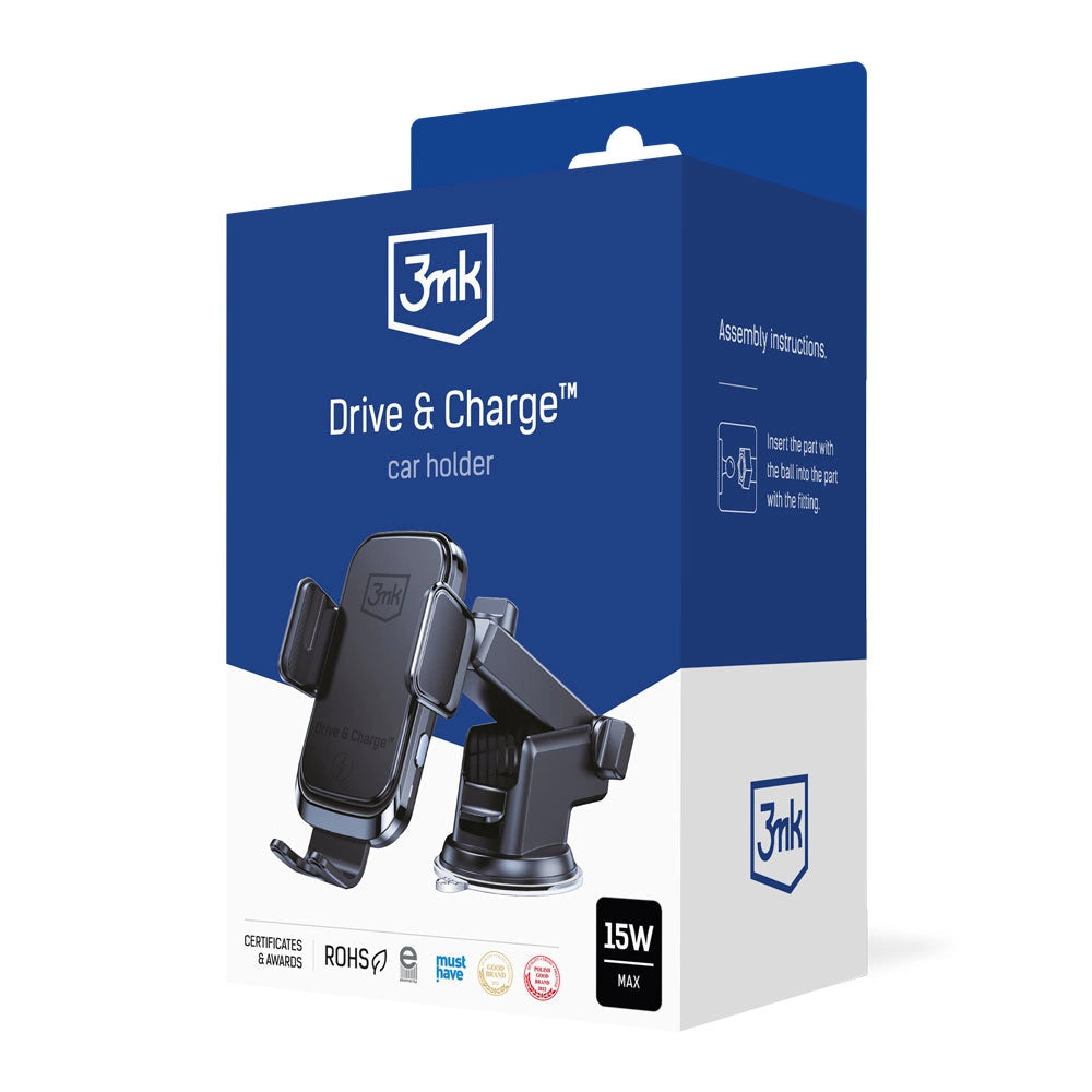 3mk Drive & Charge biltelefonholder til gitter/vindue/cockpit med induktiv oplader - sort