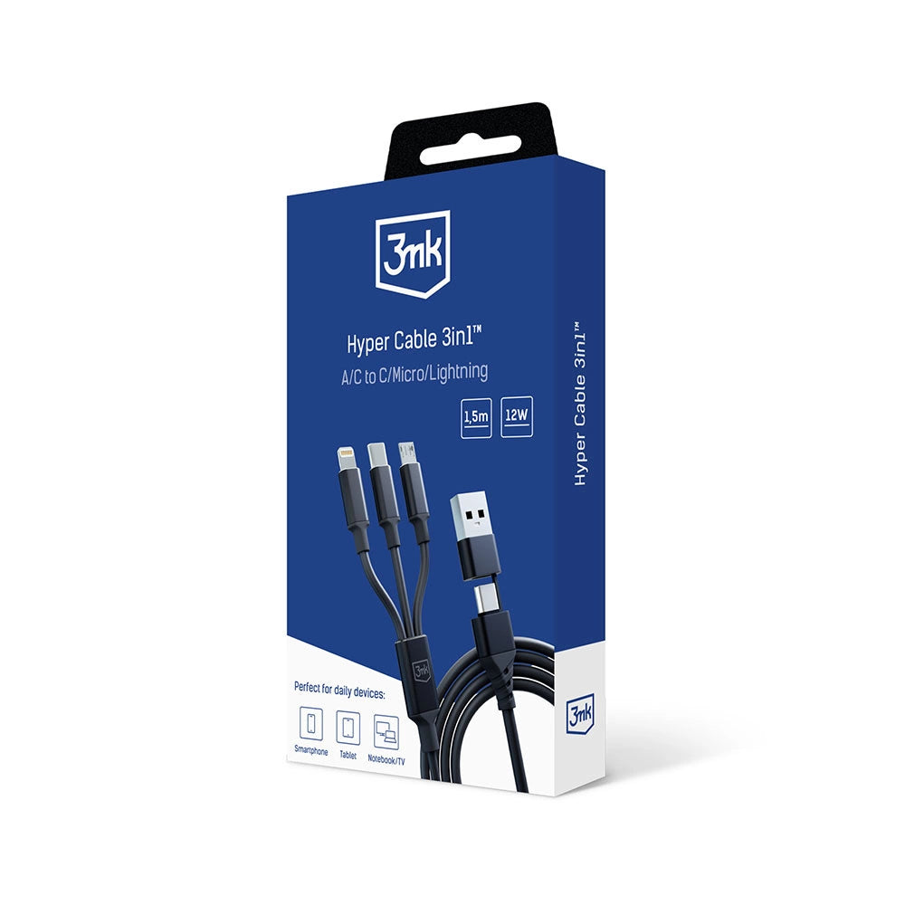 3mk Hyper Cable 3in1 USB-A - USB-C / USB-C - micro USB - Lightning 1,5m - sort