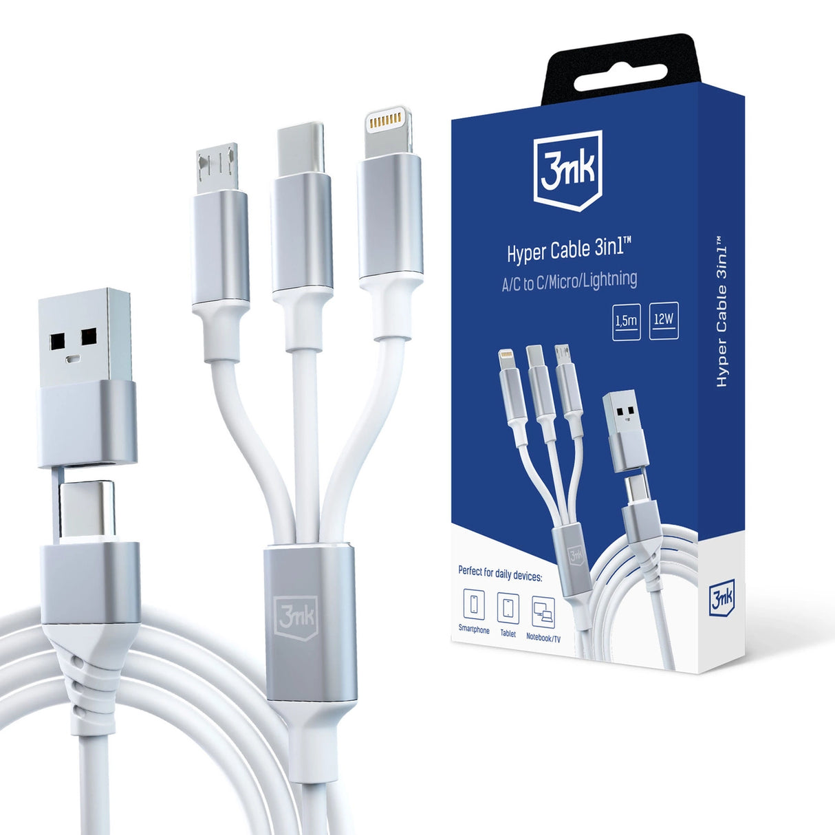 3mk Hyper Cable 3in1 USB-A - USB-C / USB-C - micro USB - Lightning 1,5m - hvid